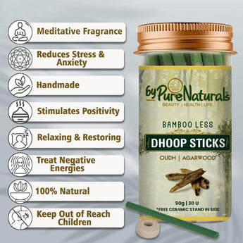 byPureNaturals Agarwood Oudh Incense Sticks – Premium Bamboo-Free Dhoop Sticks For Pooja, Meditation & Yoga | Agarwood Oudh Dhoop Batti With Holder | Natural And Organic Dhoop Stick- (Pack of 1)