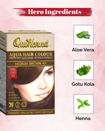 QuikHenna, AQUA Powder Hair Color 4N Medium Brown for Men & Women, 110GM | Permanent Long Lasting Hair Color | Free from PPD, Resorcinols, Peroxides, Ammonia & Harsh Chemicals