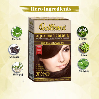 QuikHenna, AQUA Powder Hair Color 3G COFFEE BROWN for Men & Women, 110GM | Permanent Long Lasting Hair Color | Free from PPD, Resorcinols, Peroxides, Ammonia & Harsh Chemicals