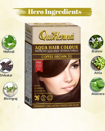 QuikHenna, AQUA Powder Hair Color 3G COFFEE BROWN for Men & Women, 110GM | Permanent Long Lasting Hair Color | Free from PPD, Resorcinols, Peroxides, Ammonia & Harsh Chemicals